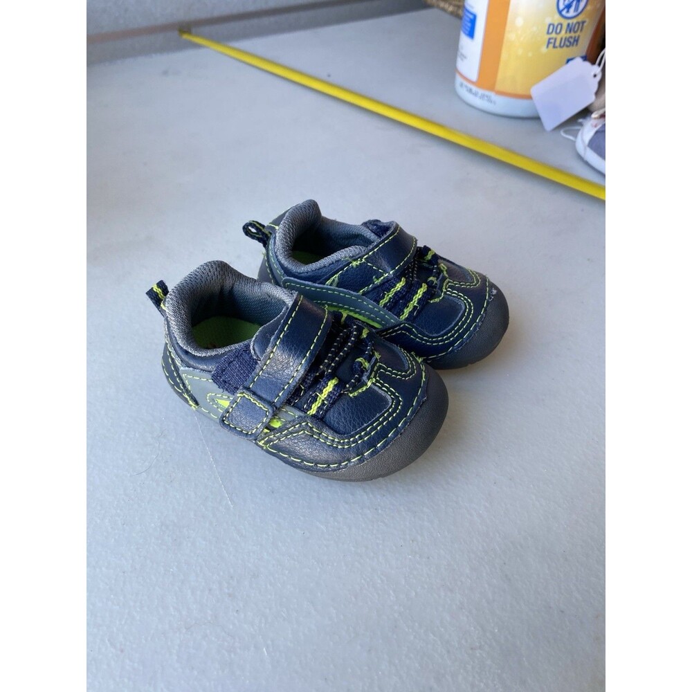 Healthtex Size 2 Baby Boys Navy Blue Neon Green Sneakers Flexible Traction